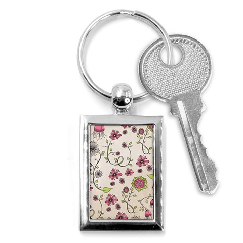 Pink Whimsical flowers on beige Key Chain (Rectangle) from ArtsNow.com Front