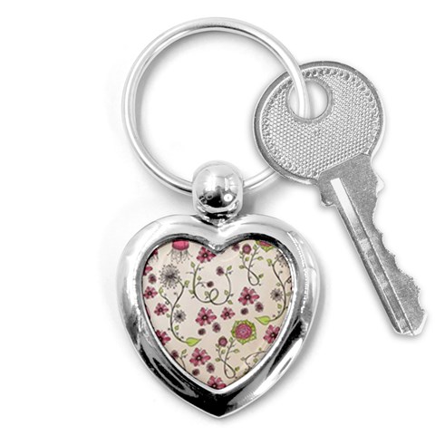 Pink Whimsical flowers on beige Key Chain (Heart) from ArtsNow.com Front