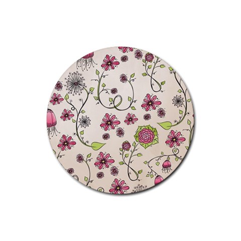 Pink Whimsical flowers on beige Drink Coasters 4 Pack (Round) from ArtsNow.com Front