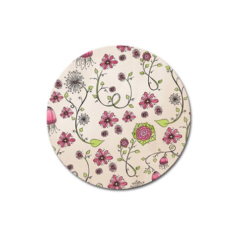 Pink Whimsical flowers on beige Magnet 3  (Round) from ArtsNow.com Front