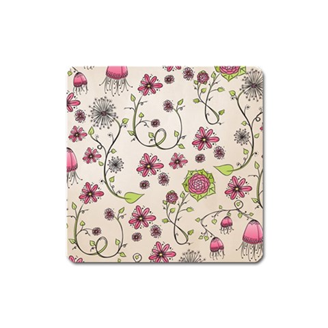 Pink Whimsical flowers on beige Magnet (Square) from ArtsNow.com Front