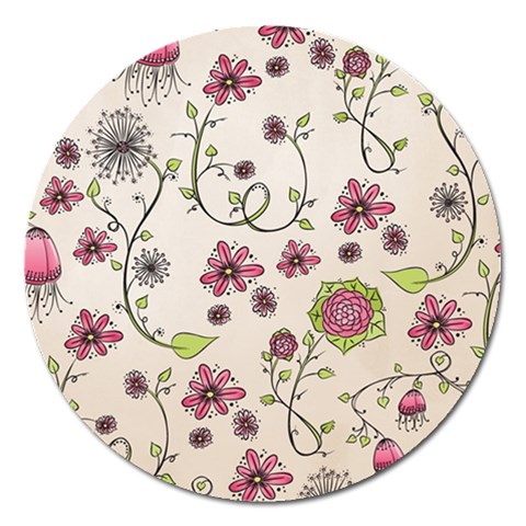 Pink Whimsical flowers on beige Magnet 5  (Round) from ArtsNow.com Front