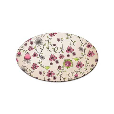 Pink Whimsical flowers on beige Sticker 10 Pack (Oval) from ArtsNow.com Front