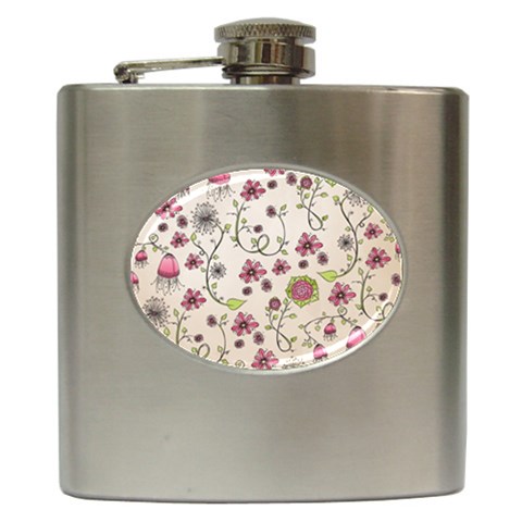 Pink Whimsical flowers on beige Hip Flask from ArtsNow.com Front