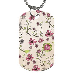 Pink Whimsical flowers on beige Dog Tag (Two Front