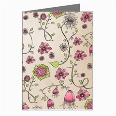 Pink Whimsical flowers on beige Greeting Card from ArtsNow.com Left