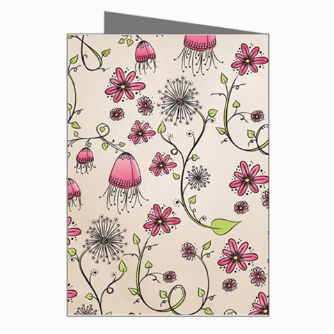 Pink Whimsical flowers on beige Greeting Card from ArtsNow.com Right