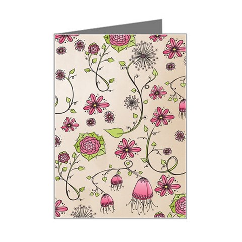 Pink Whimsical flowers on beige Mini Greeting Card from ArtsNow.com Left