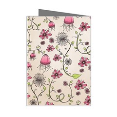 Pink Whimsical flowers on beige Mini Greeting Card from ArtsNow.com Right