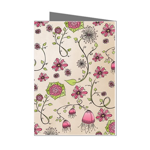 Pink Whimsical flowers on beige Mini Greeting Card (8 Pack) from ArtsNow.com Left