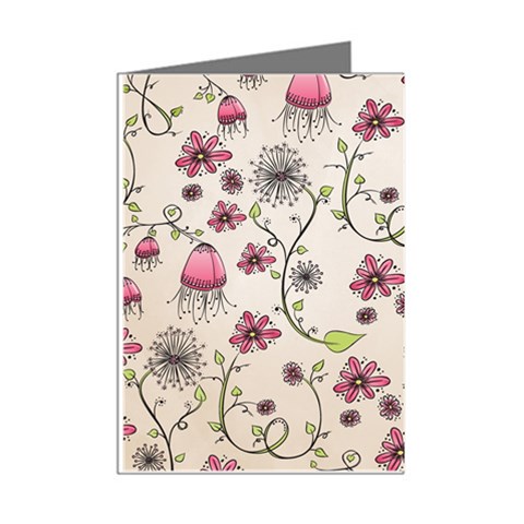 Pink Whimsical flowers on beige Mini Greeting Card (8 Pack) from ArtsNow.com Right