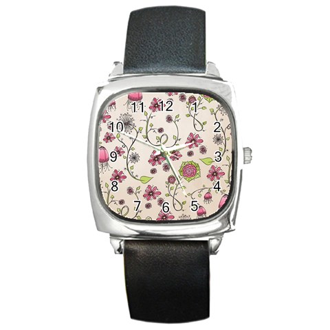 Pink Whimsical flowers on beige Square Leather Watch from ArtsNow.com Front