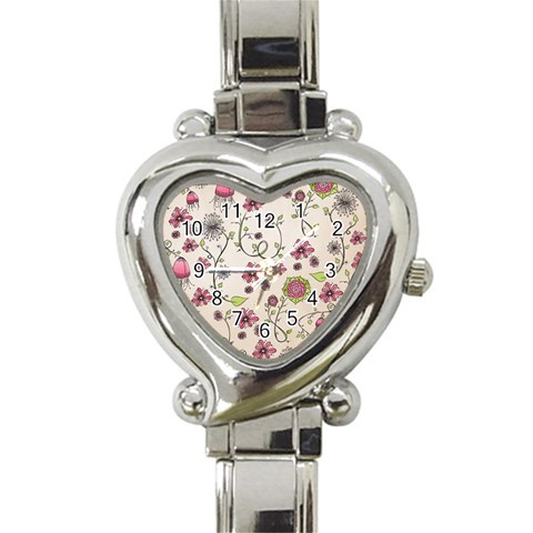 Pink Whimsical flowers on beige Heart Italian Charm Watch  from ArtsNow.com Front