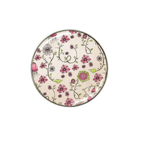 Pink Whimsical flowers on beige Golf Ball Marker (for Hat Clip) from ArtsNow.com Front