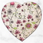 Pink Whimsical flowers on beige Jigsaw Puzzle (Heart)