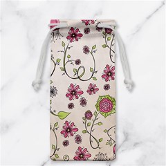 Pink Whimsical flowers on beige Jewelry Bag from ArtsNow.com Front