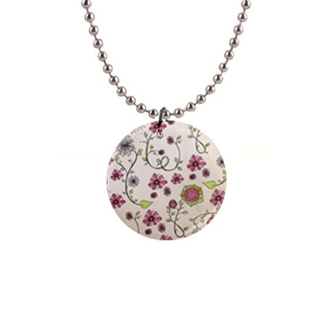 Pink Whimsical flowers on beige Button Necklace from ArtsNow.com Front