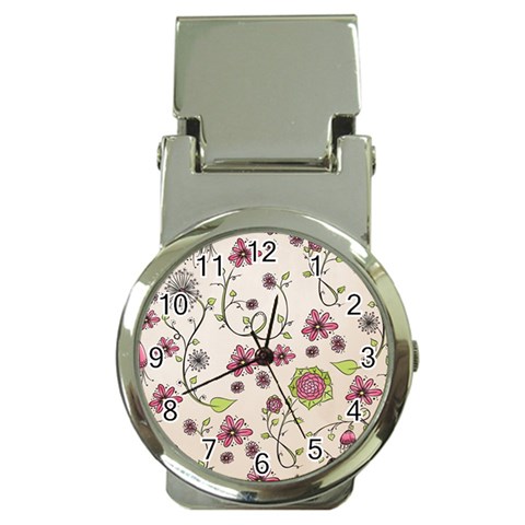 Pink Whimsical flowers on beige Money Clip with Watch from ArtsNow.com Front