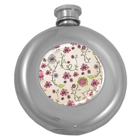 Pink Whimsical flowers on beige Hip Flask (Round) from ArtsNow.com Front