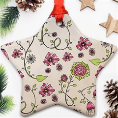 Pink Whimsical flowers on beige Star Ornament (Two Sides) from ArtsNow.com Front