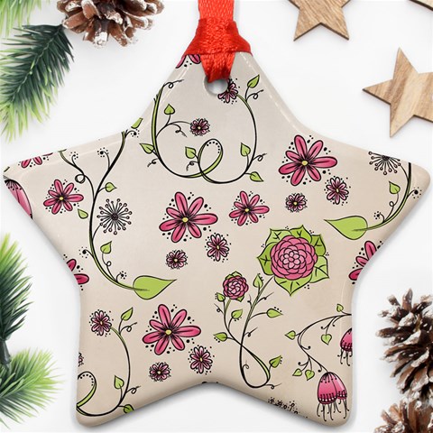 Pink Whimsical flowers on beige Star Ornament (Two Sides) from ArtsNow.com Back