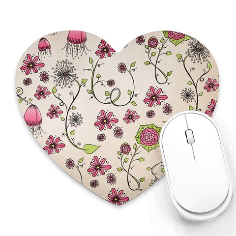 Pink Whimsical flowers on beige Mouse Pad (Heart) from ArtsNow.com Front