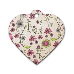 Pink Whimsical flowers on beige Dog Tag Heart (Two Sided) from ArtsNow.com Front