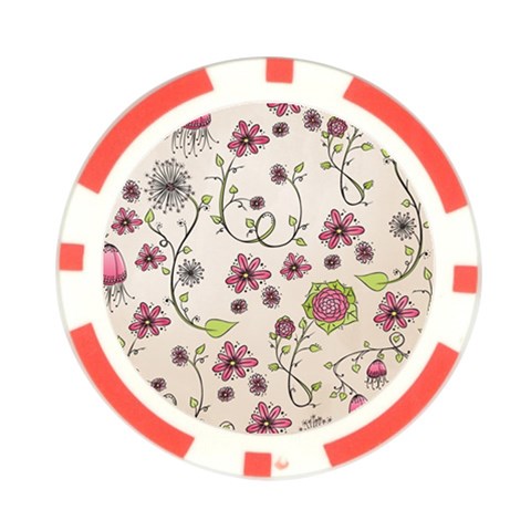 Pink Whimsical flowers on beige Poker Chip from ArtsNow.com Front