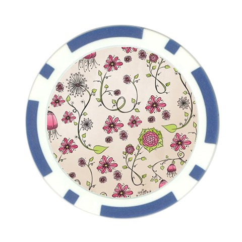 Pink Whimsical flowers on beige Poker Chip from ArtsNow.com Front