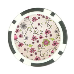 Pink Whimsical flowers on beige Poker Chip from ArtsNow.com Front