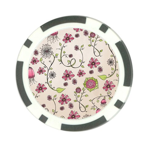 Pink Whimsical flowers on beige Poker Chip from ArtsNow.com Back