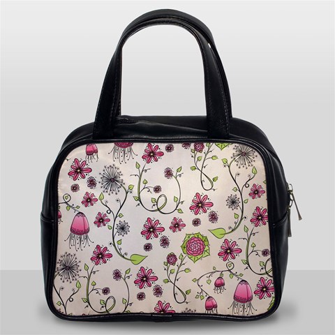 Pink Whimsical flowers on beige Classic Handbag (Two Sides) from ArtsNow.com Front