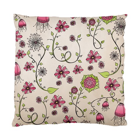 Pink Whimsical flowers on beige Cushion Case (Two Sided)  from ArtsNow.com Front