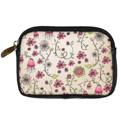 Pink Whimsical flowers on beige Digital Camera Leather Case from ArtsNow.com Front