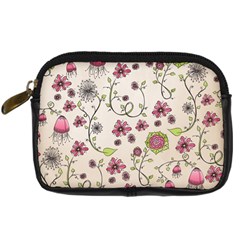 Pink Whimsical flowers on beige Digital Camera Leather Case from ArtsNow.com Front