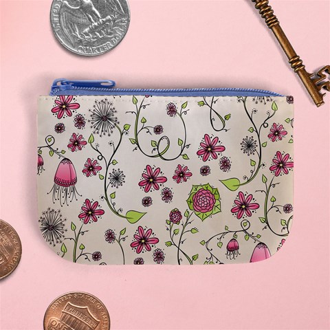 Pink Whimsical flowers on beige Coin Change Purse from ArtsNow.com Front