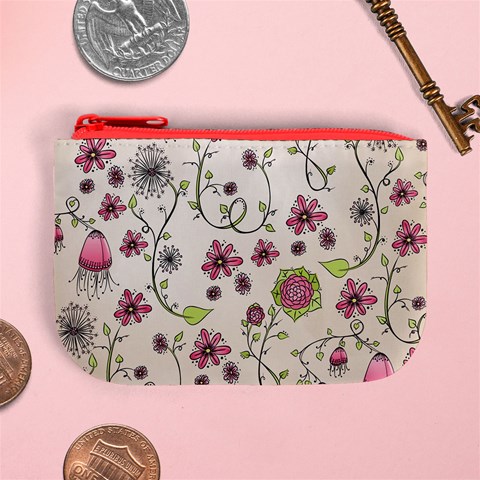 Pink Whimsical flowers on beige Coin Change Purse from ArtsNow.com Front