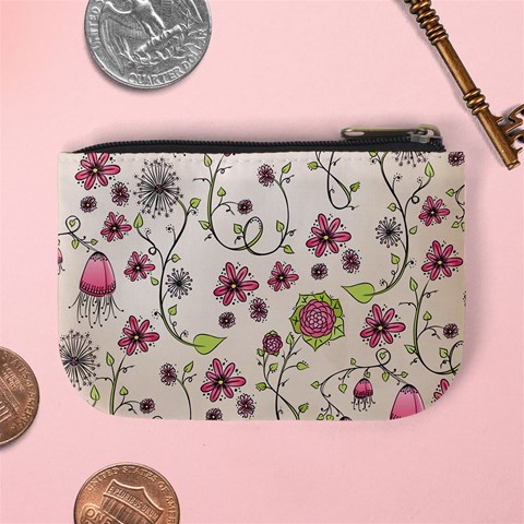 Pink Whimsical flowers on beige Coin Change Purse from ArtsNow.com Back