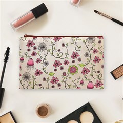 Pink Whimsical flowers on beige Cosmetic Bag (Medium) from ArtsNow.com Front