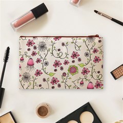 Pink Whimsical flowers on beige Cosmetic Bag (Medium) from ArtsNow.com Back