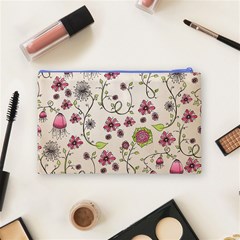 Pink Whimsical flowers on beige Cosmetic Bag (Medium) from ArtsNow.com Back