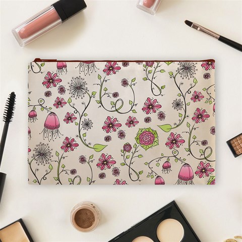 Pink Whimsical flowers on beige Cosmetic Bag (Large) from ArtsNow.com Front