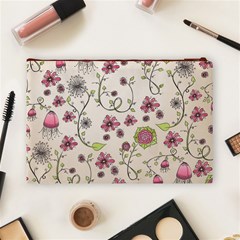 Pink Whimsical flowers on beige Cosmetic Bag (Large) from ArtsNow.com Back