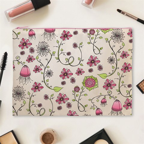 Pink Whimsical flowers on beige Cosmetic Bag (XL) from ArtsNow.com Front