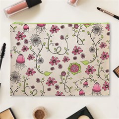 Pink Whimsical flowers on beige Cosmetic Bag (XL) from ArtsNow.com Front