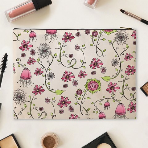 Pink Whimsical flowers on beige Cosmetic Bag (XL) from ArtsNow.com Back