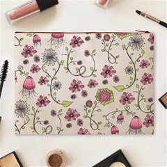 Pink Whimsical flowers on beige Cosmetic Bag (XL) from ArtsNow.com Back