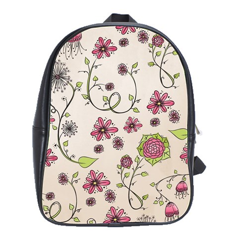 Pink Whimsical flowers on beige School Bag (Large) from ArtsNow.com Front