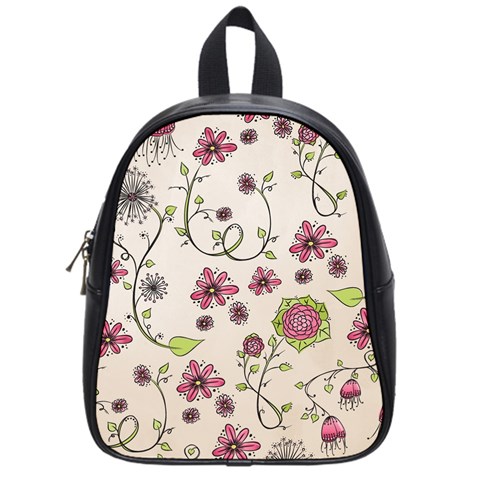 Pink Whimsical flowers on beige School Bag (Small) from ArtsNow.com Front