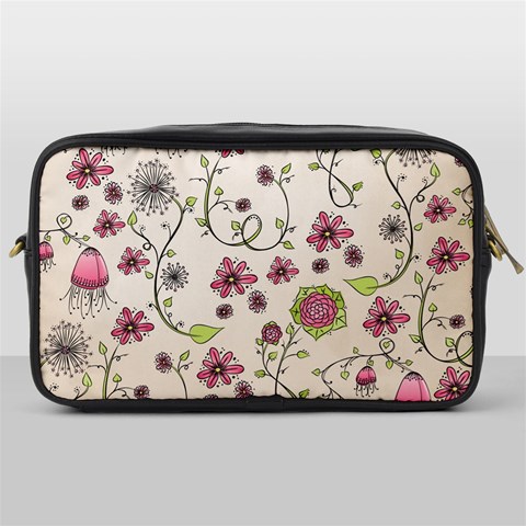 Pink Whimsical flowers on beige Travel Toiletry Bag (One Side) from ArtsNow.com Front